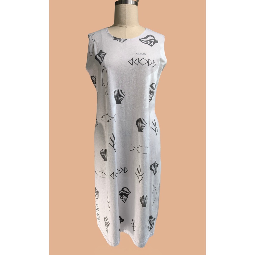 Arli XG/XL White Nautical Sea Shell Fish Print Sleeveless Midi Dress XG XL